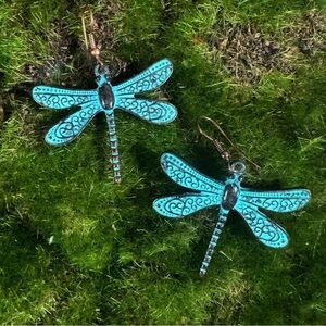 DRAGONFLY Earrings Womens Rustic Boho Patina Green Brass 1.5" Etched Dangle NWT